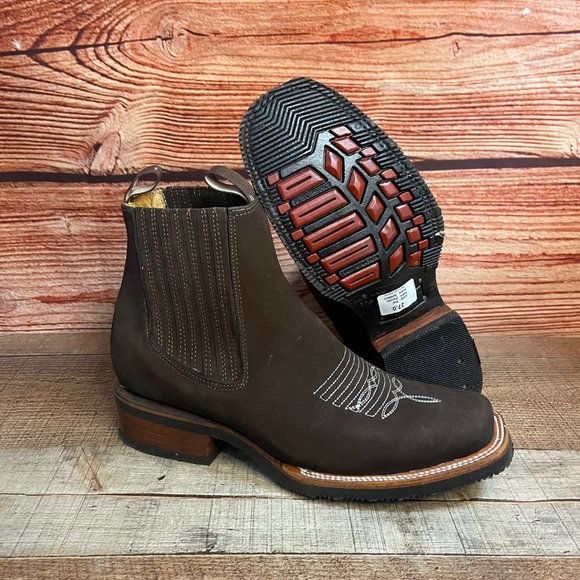 MEN LEATHER WESTERN COWBOY RODEO CHELSEA ANKLE HALF BOOTS BOTIN VAQUERO CAFE - Picture 2 of 10